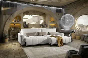 Modernes Wohnlandschaft-Sofa im hellen Loft mit Rundfenstern und Dekolicht.